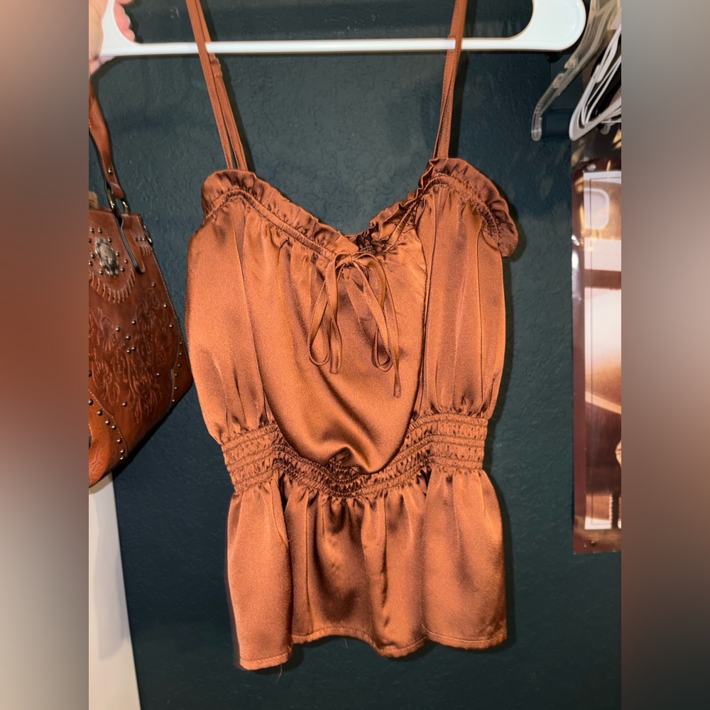 Rust Satin Top with Tie Front